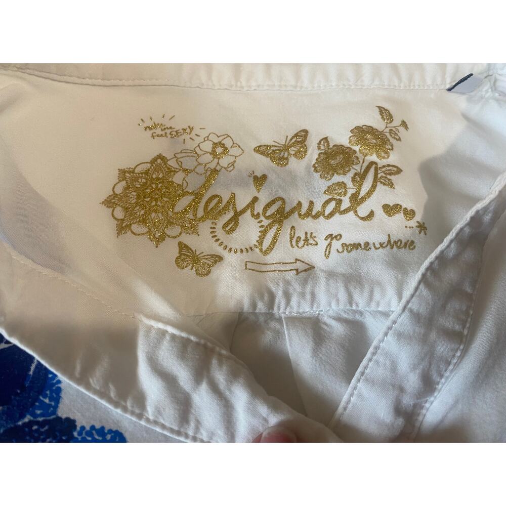 Desigual White Blue Floral Blouse Gold Accent Boho Top Women’s US Small EUR Med - Picture 5 of 9